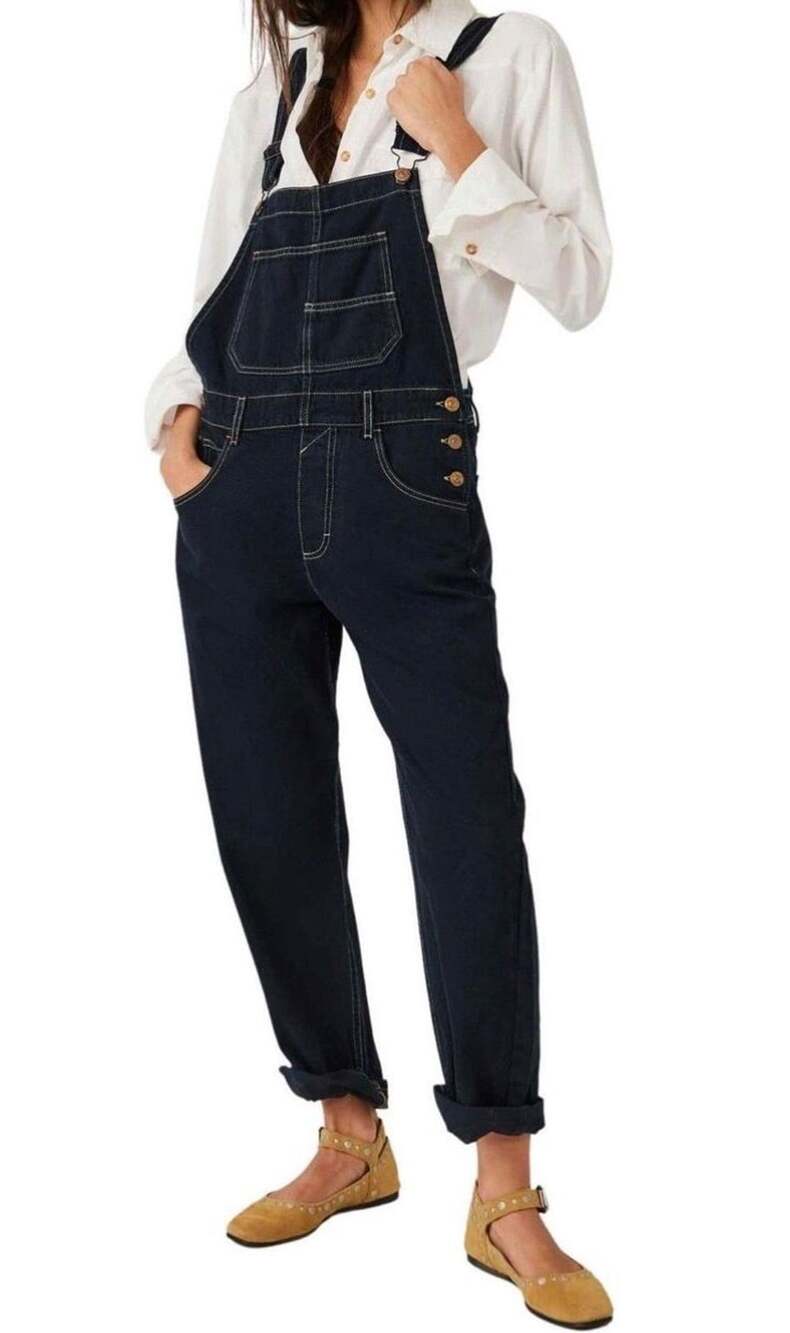 Free People | we the free | Blue Black Ziggy Denim Overalls Sz med